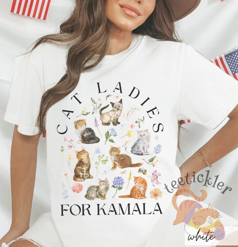 Cat Ladies For Kamala Shirt Cottagecore Kittens Kamala Harris Voting 2024 Presidential Election Cat Person Political Tee teetickler 2