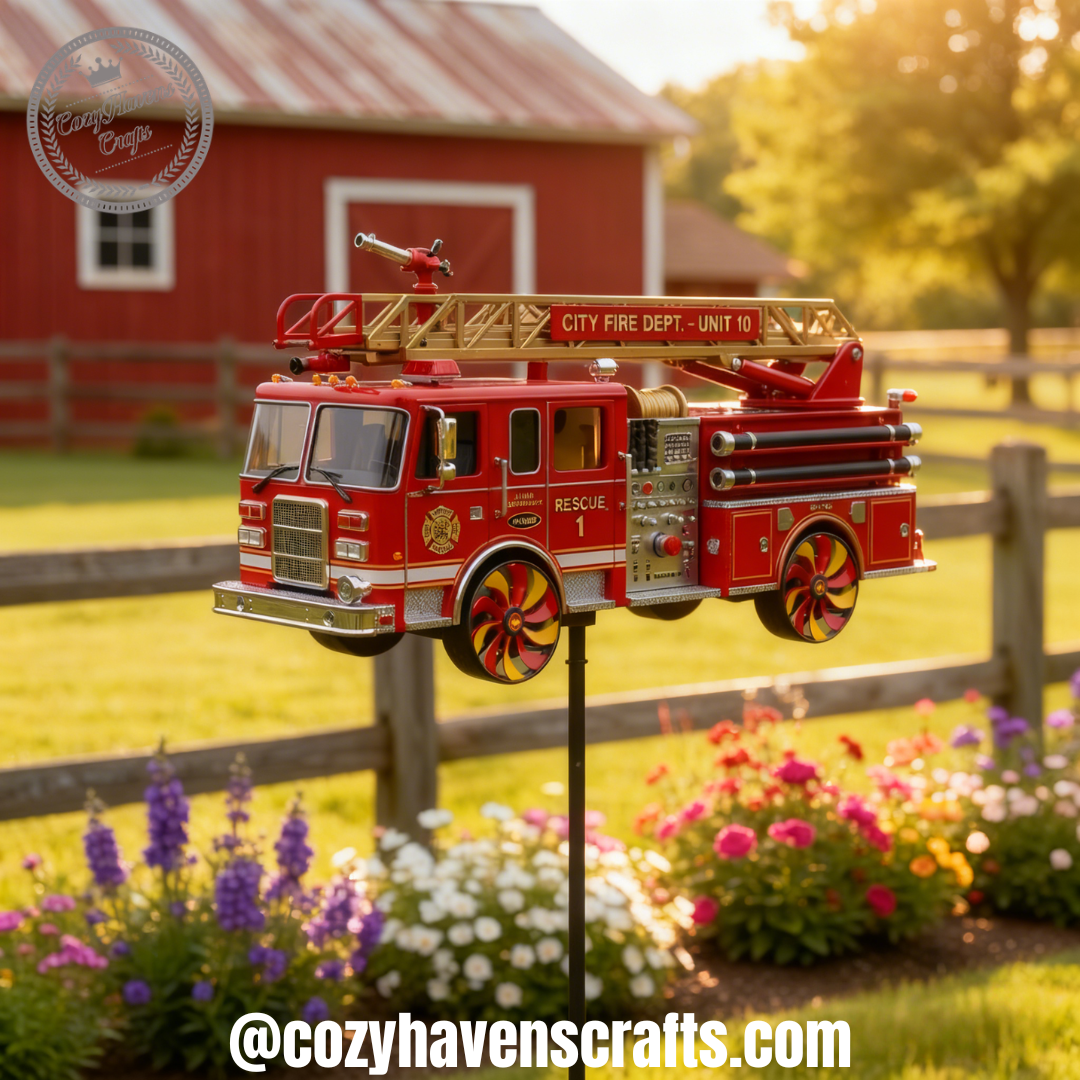 City Fire Dept Rescue Truck Wind Spinner Garden Decor