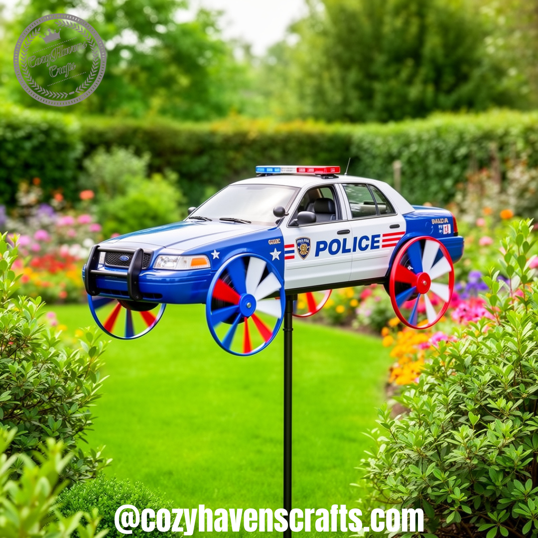 Police Car Pinwheel Wind Spinner Garden Decor
