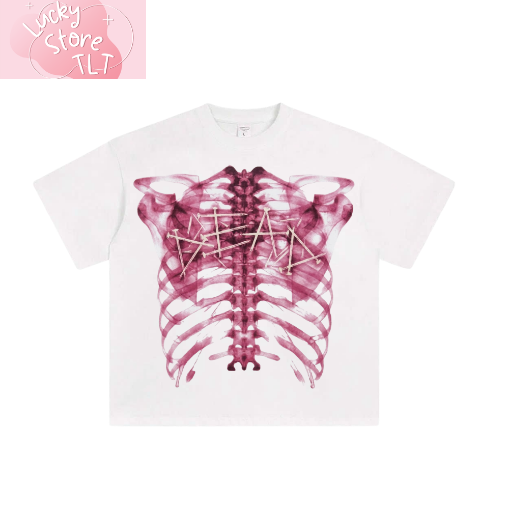 Pink X Ray Skeleton Ribcage Graphic Streetwear Shirt