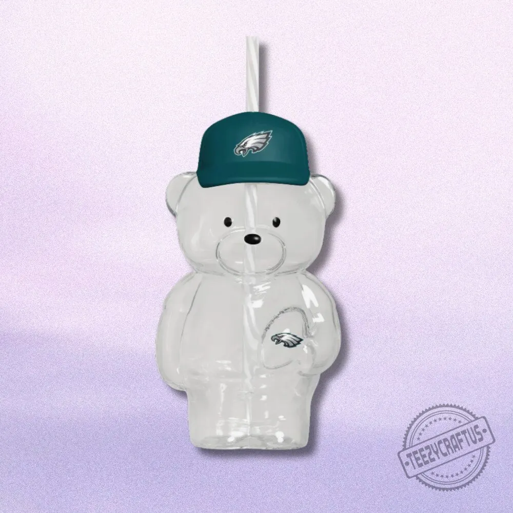 Philadelphia Eagles Fan Bear Glass Tumbler Personalized NFL Teddy Bear Sipper with Green Team Cap