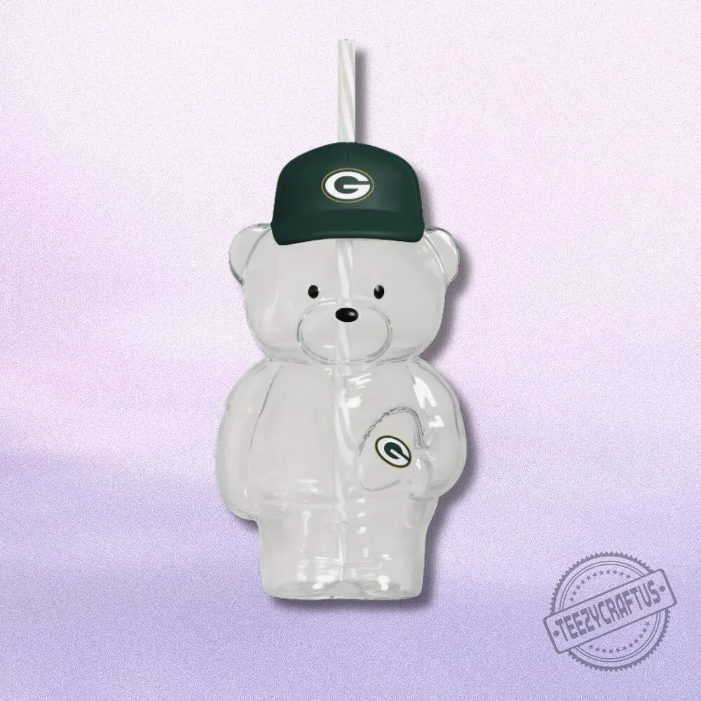 Green Bay Packers Fan Bear Glass Tumbler Custom NFL Teddy Bear Bottle with Green Team Cap