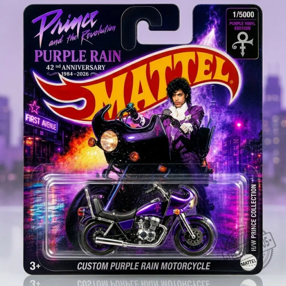 Hot Wheels Prince Custom Purple Rain Motorcycle 42nd Anniversary Purple Vinyl Edition for Ultimate 80s Pop Music Lovers