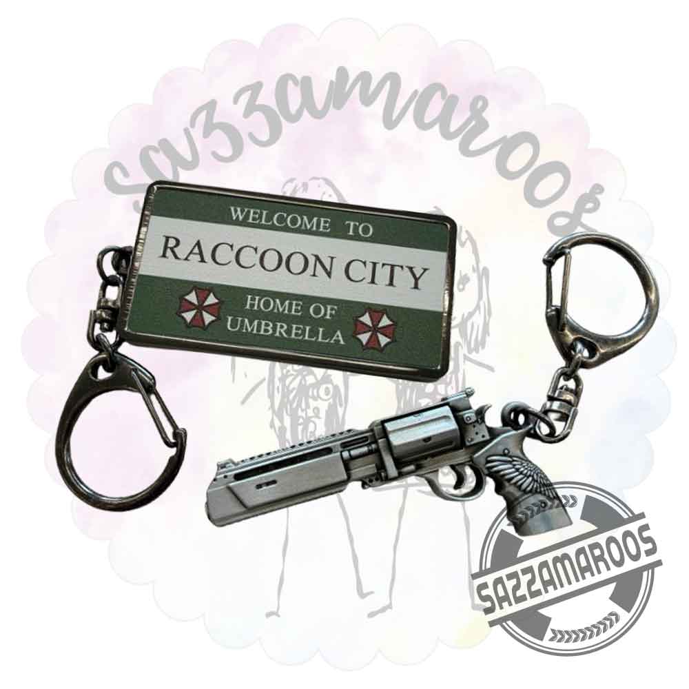 Resident Evil Metal Keychain Set Raccoon City Sign & Revolver