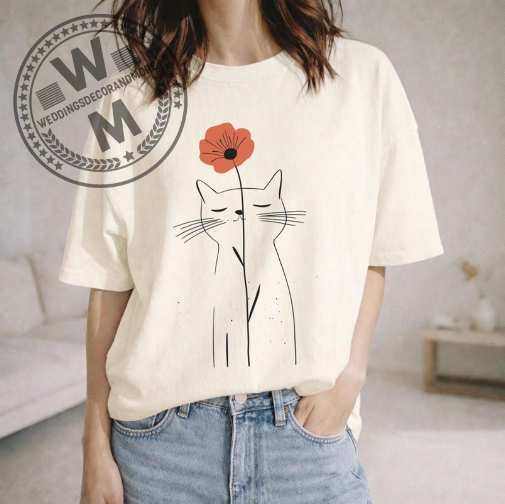 Minimalist Cat Flower Shirt Cute Cat Lover Gift For Her Floral Line Art Tee
