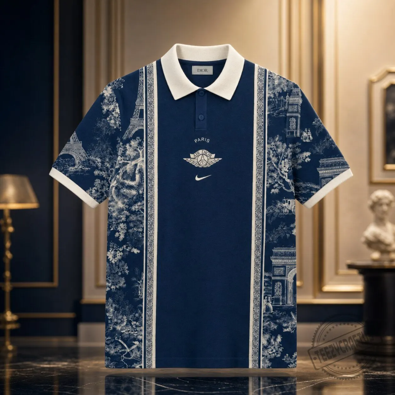 PSG x Air Dior Nike Men Polo Shirt Toile de Jouy Paris Collaboration