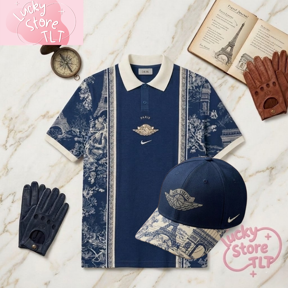 PSG x Air Dior Nike Men Polo and Cap Matching Set Toile de Jouy Paris Iconic Luxury Streetwear Limited Edition