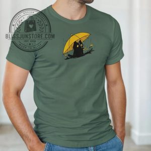 Cat T shirt with umbrella graphic cute black cat tee blissjunstore.com 1