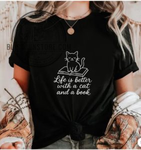 Life is better with a cat and a book Cat Book Shirt Cozy Reader Tee blissjunstore.com 1