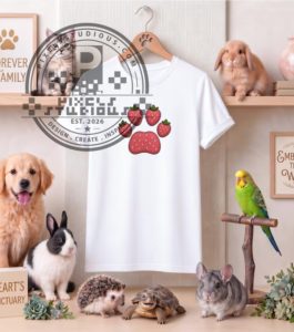 Strawberry Paw Print T Shirt Faux Embroidery Summer Sweet Fruit Dog Lover Tee pixelsstudious.com 1