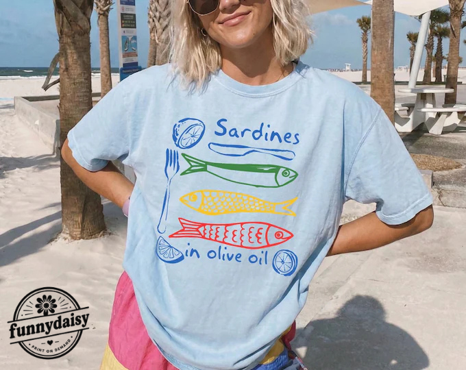 Sardines in Olive Oil Shirt, Funny Coastal Graphic Tee, Vintage Fish T-Shirt, Summer Beach Comfort Colors Tee, Mediterranean Food Shirt