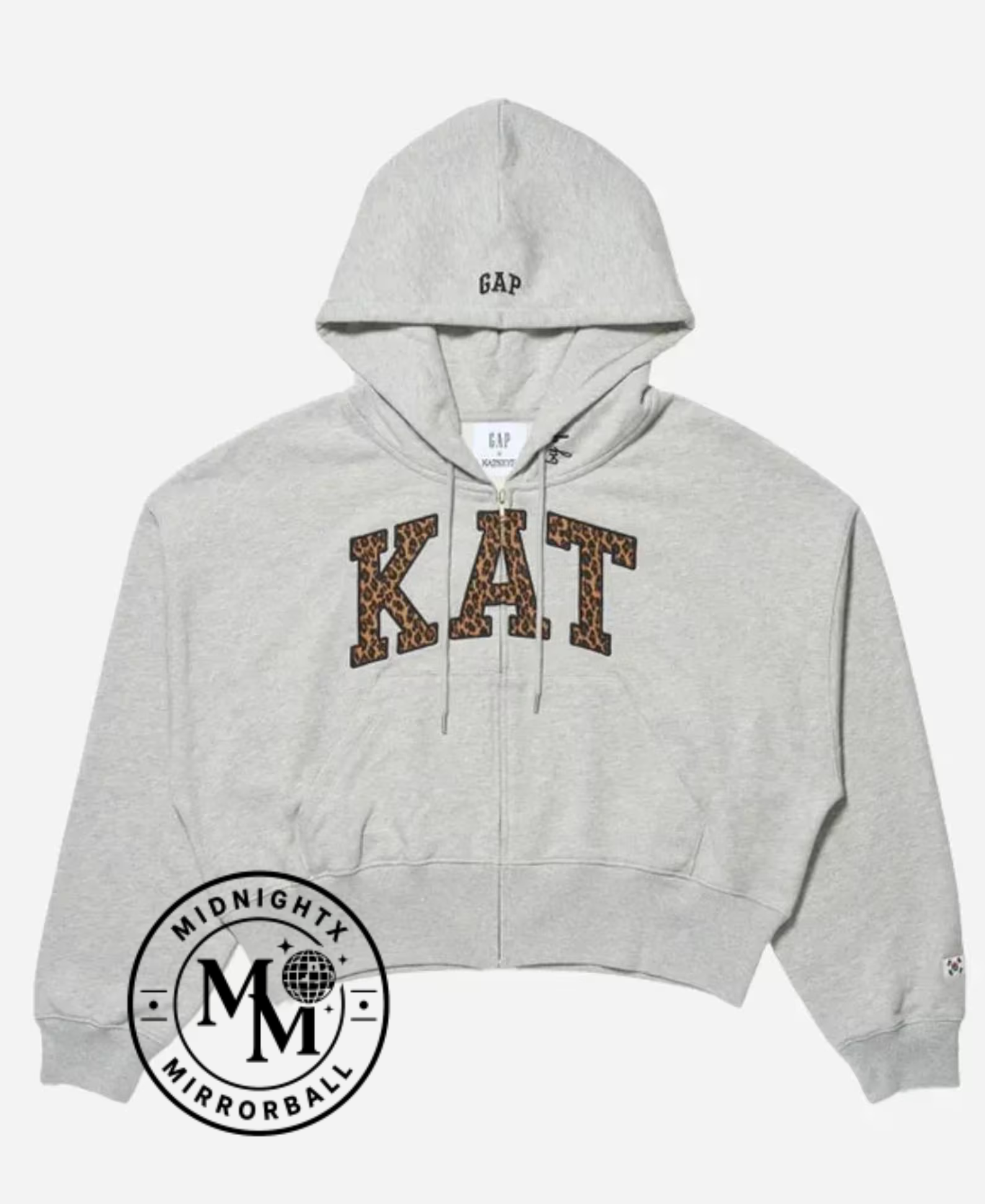 Heather Gray Full Zip Hoodie with Leopard KAT Detail