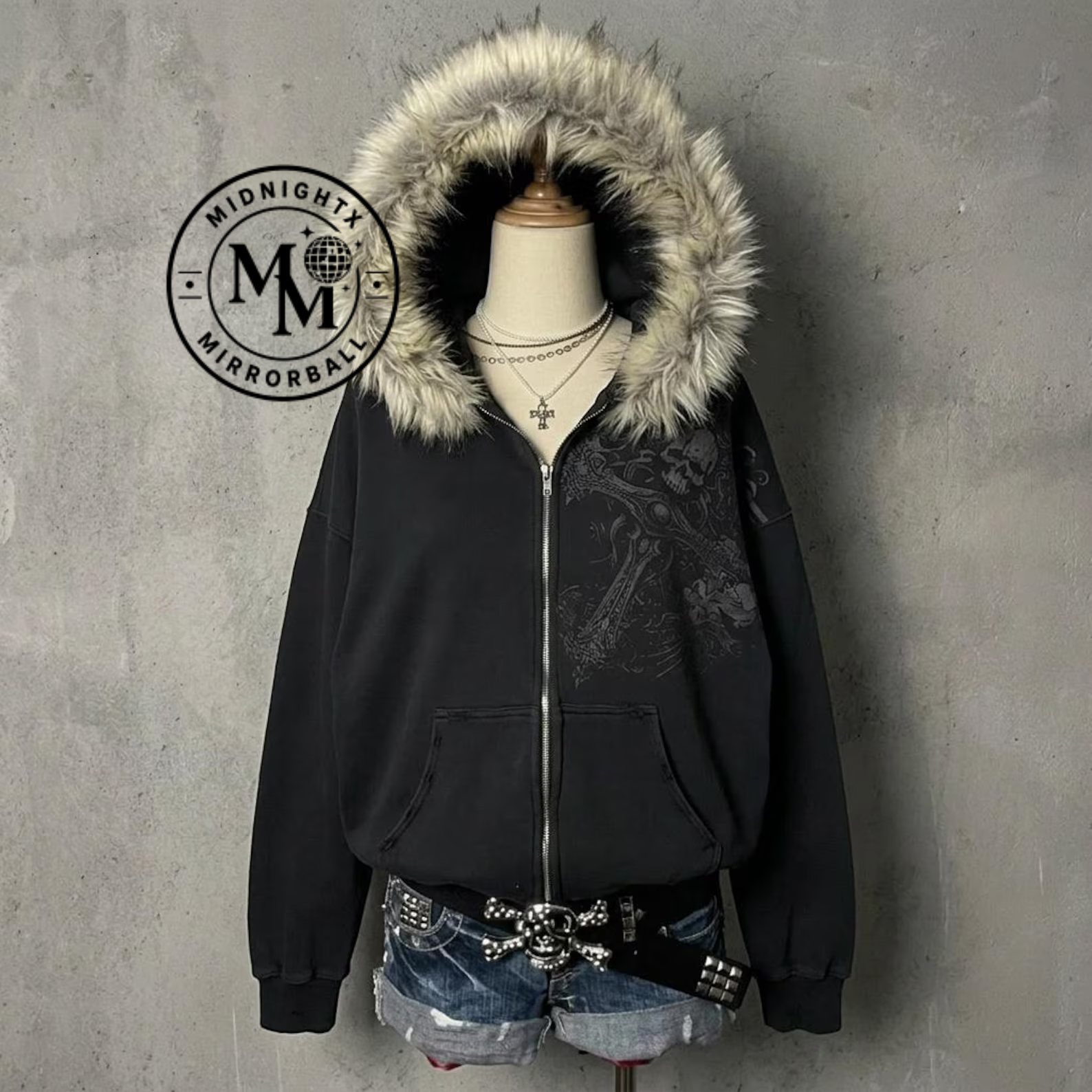 Y2K Fur Hood Jacket Black Zip Up Hoodie Gothic Grunge Coat