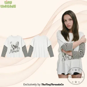 Olivia Rodrigo Inspired Oversized Layered Stripe Sleeve Butterfly Graphic Shirt 2 1
