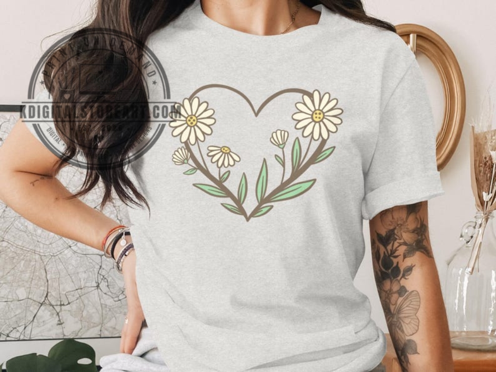 Daisy Heart T Shirt, Cottagecore Floral Tee, Botanical Nature Design Women's Top Kdigitalstoreart.com 1