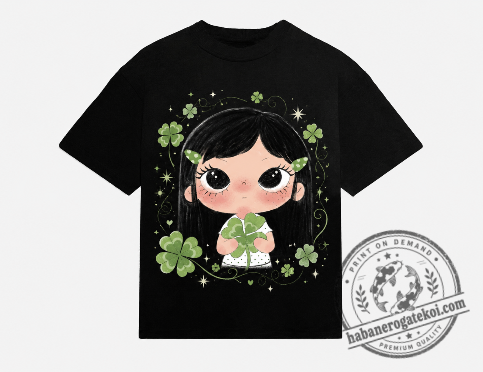 Cute Clover Girl T-Shirt, Kawaii Shamrock Graphic Tee, Four Leaf Clover Shirt