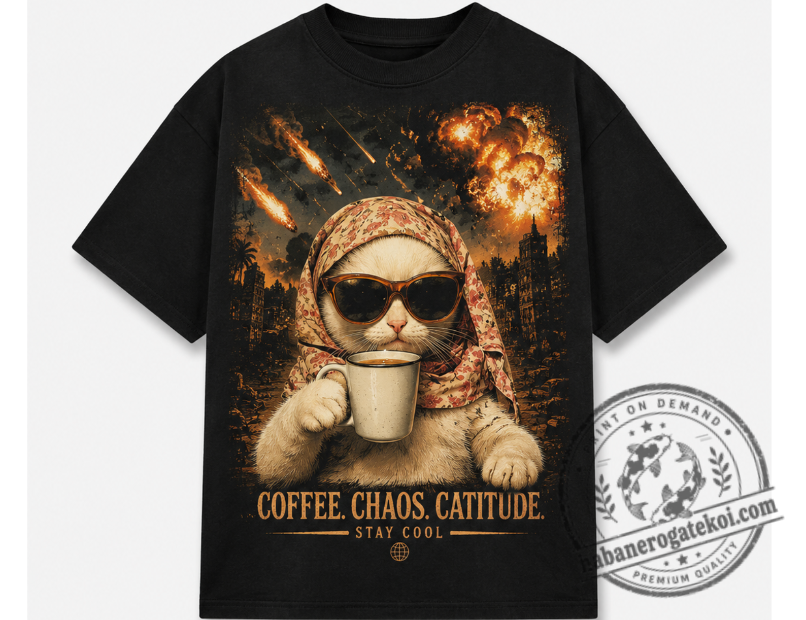 Funny Coffee Cat T-Shirt, Cool Cat Graphic Tee, Apocalypse Cat Shirt