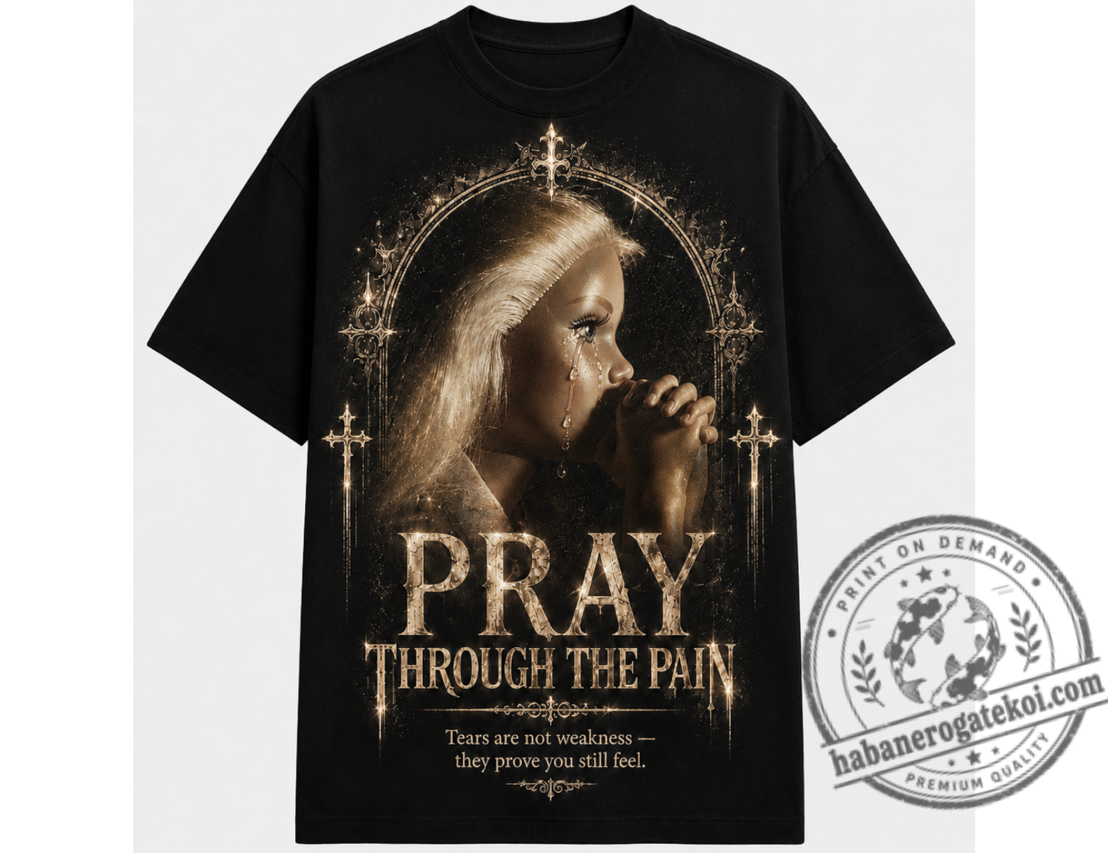 Praying Girl T-Shirt, Inspirational Faith Graphic Tee, Gothic Cross Shirt