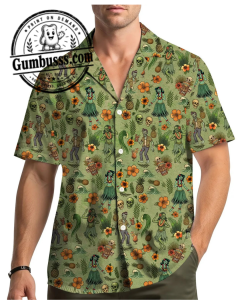 Unisex Zombie Hawaiian Shirt - Vintage Green Tropical Hula Dancer & Tiki Print Short Sleeve Button Up