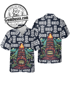 Unisex Hawaiian Shirt - Tiki Tribal Mask & Volcano Tropical Print Short Sleeve Button Up