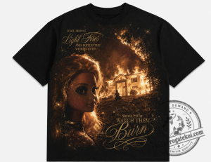 Burning House Doll T-Shirt, Dark Glam Graphic Tee, Fire Aesthetic Shirt 1 26
