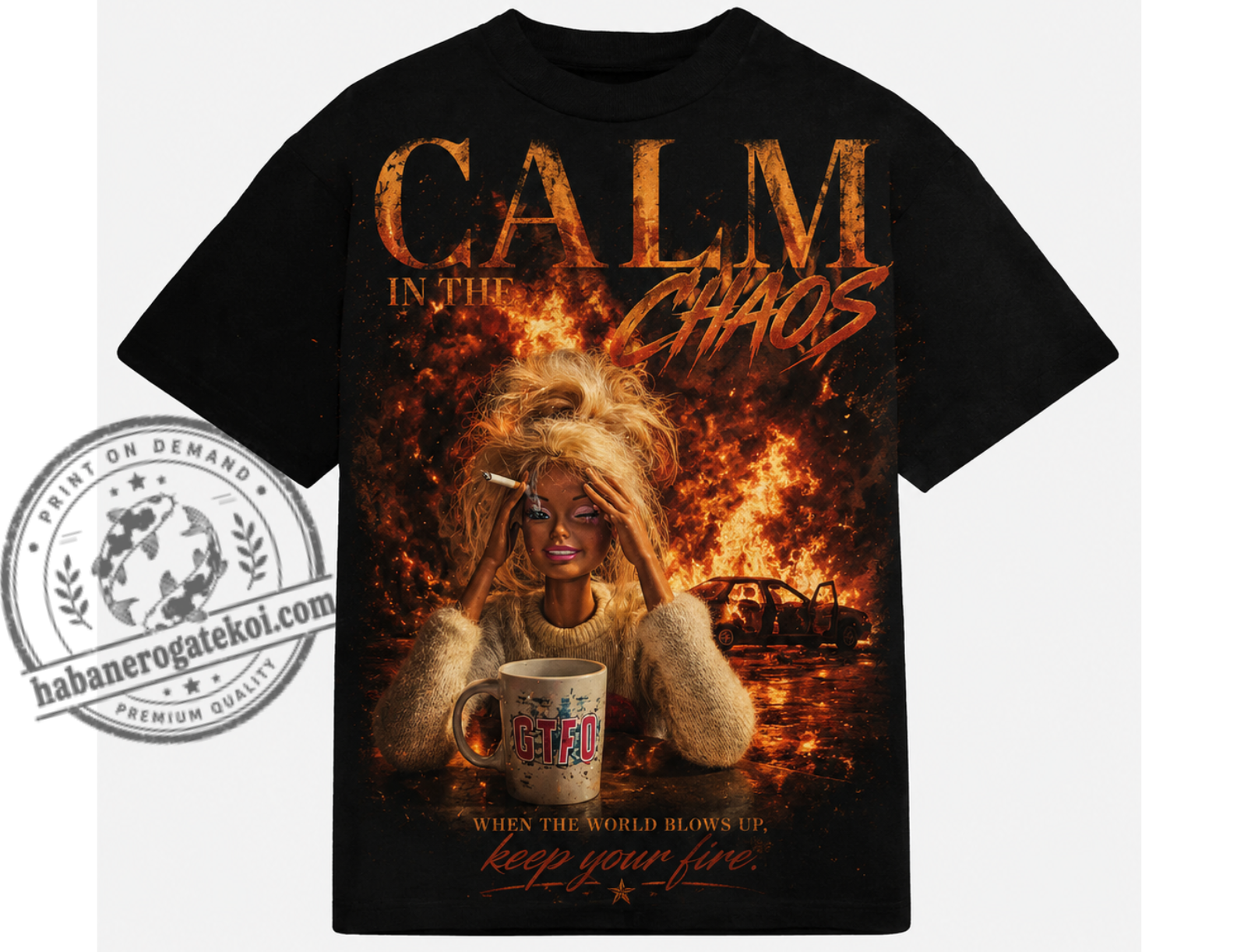 Burning Car Doll T-Shirt, Fiery Chaos Graphic Tee, Dark Glam Shirt