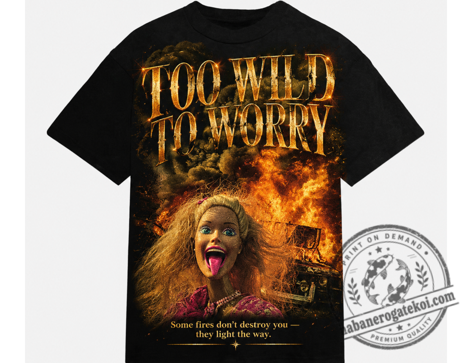 Blonde Doll Fire T-Shirt, Burning Car Graphic Tee, Dark Glam Shirt