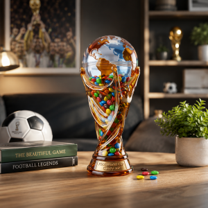 World Cup trophy-inspired glass candy jar filled with colorful chocolate candies displayed on a wooden table in a cozy living room. Soccer-themed decor, books, and a football in the background create an elegant sports fan collectible display.