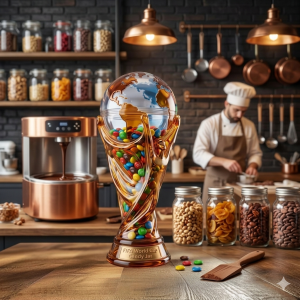 World Cup trophy-inspired glass candy jar filled with colorful chocolate candies displayed on a wooden table in a cozy living room. Soccer-themed decor, books, and a football in the background create an elegant sports fan collectible display.