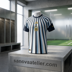Argentina 2026 FIFA World Cup Hattrick Soccer Jersey displayed on a mannequin in a modern locker room, featuring classic sky blue and white stripes with gold accents for national team fans.
