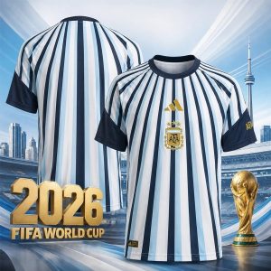 Argentina 2026 FIFA World Cup Hattrick Soccer Jersey displayed on a mannequin in a modern locker room, featuring classic sky blue and white stripes with gold accents for national team fans.