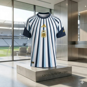 Argentina 2026 FIFA World Cup Hattrick Soccer Jersey displayed on a mannequin in a modern locker room, featuring classic sky blue and white stripes with gold accents for national team fans.