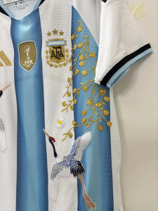 Argentina Heritage Edition Soccer Jersey – Vintage National Team Fan Shirt 11 Argentina Heritage Edition Soccer Jersey featuring classic sky blue and white stripes with elegant crane artwork and gold detailing, worn by a model in an outdoor lifestyle setting.