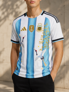 Argentina Heritage Edition Soccer Jersey – Vintage National Team Fan Shirt 9 Argentina Heritage Edition Soccer Jersey featuring classic sky blue and white stripes with elegant crane artwork and gold detailing, worn by a model in an outdoor lifestyle setting.