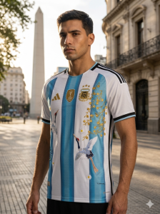 Argentina Heritage Edition Soccer Jersey – Vintage National Team Fan Shirt 13 Argentina Heritage Edition Soccer Jersey featuring classic sky blue and white stripes with elegant crane artwork and gold detailing, worn by a model in an outdoor lifestyle setting.