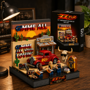ZZ Top La Grange 57th Anniversary building block set display featuring 3 band minifigures with guitars, a red flame hot rod car, and La Grange building on a wooden table, with classic rock vinyl records and brick wall background.
