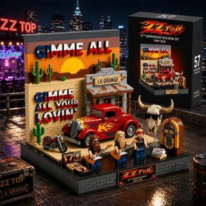 ZZ Top La Grange 57th Anniversary building block set display featuring 3 band minifigures with guitars, a red flame hot rod car, and La Grange building on a wooden table, with classic rock vinyl records and brick wall background.