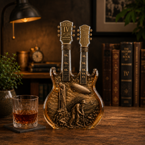 Led Zeppelin IV 55th Anniversary The Hermit Double-Neck Guitar Decanter 9 Led Zeppelin IV 55th Anniversary "The Hermit" double-neck guitar decanter bottle displayed on a rustic wooden table inside a cozy vintage vinyl record collector room.