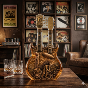 Led Zeppelin IV 55th Anniversary The Hermit Double-Neck Guitar Decanter 8 Led Zeppelin IV 55th Anniversary "The Hermit" double-neck guitar decanter bottle displayed on a rustic wooden table inside a cozy vintage vinyl record collector room.