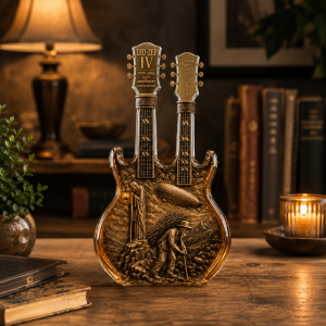 Led Zeppelin IV 55th Anniversary The Hermit Double-Neck Guitar Decanter 7 Led Zeppelin IV 55th Anniversary "The Hermit" double-neck guitar decanter bottle displayed on a rustic wooden table inside a cozy vintage vinyl record collector room.