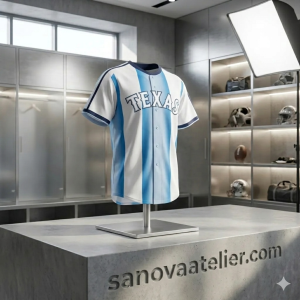 Texas Light Blue & White Striped Baseball Jersey – Vintage Texas Fan Button-Up Shirt 9 Texas Light Blue and White Striped Baseball Jersey hanging on a locker room hanger, featuring a vintage button-up design for Texas baseball fans.