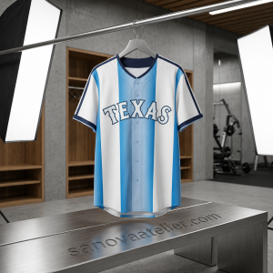 Texas Light Blue & White Striped Baseball Jersey – Vintage Texas Fan Button-Up Shirt 8 Texas Light Blue and White Striped Baseball Jersey hanging on a locker room hanger, featuring a vintage button-up design for Texas baseball fans.