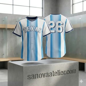 Texas Light Blue & White Striped Baseball Jersey – Vintage Texas Fan Button-Up Shirt 7 Texas Light Blue and White Striped Baseball Jersey hanging on a locker room hanger, featuring a vintage button-up design for Texas baseball fans.