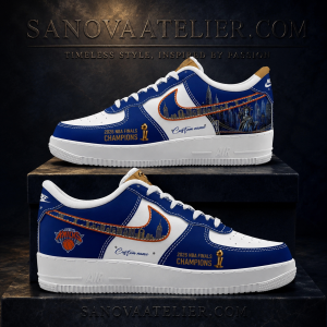 New York Knicks 2026 NBA Finals Champions Custom Air Force 1 Shoes 5 Front view of custom New York Knicks 2026 NBA Champions Air Force 1 shoes.