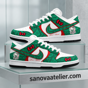 Custom Hello Kitty Mexico Soccer Air Force 1 Sneakers 8 Personalized Mexico Hello Kitty custom low-top sneakers featuring green Aztec-inspired patterns, red and white accents, Hello Kitty bow graphics, customizable name text, and Mexico-themed patches, displayed on a modern showroom pedestal with sanovaatelier.com branding.