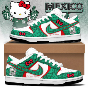 Custom Hello Kitty Mexico Soccer Air Force 1 Sneakers 7 Personalized Mexico Hello Kitty custom low-top sneakers featuring green Aztec-inspired patterns, red and white accents, Hello Kitty bow graphics, customizable name text, and Mexico-themed patches, displayed on a modern showroom pedestal with sanovaatelier.com branding.