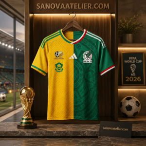 Male model wearing a South Africa and Mexico split design FIFA World Cup 2026 soccer jersey, featuring a half-yellow and half-green football shirt in a stadium setting.