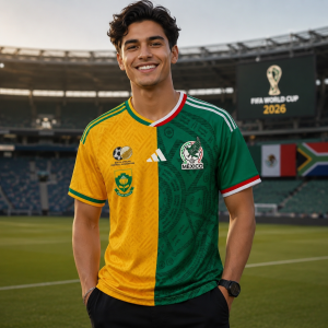 Male model wearing a South Africa and Mexico split design FIFA World Cup 2026 soccer jersey, featuring a half-yellow and half-green football shirt in a stadium setting.