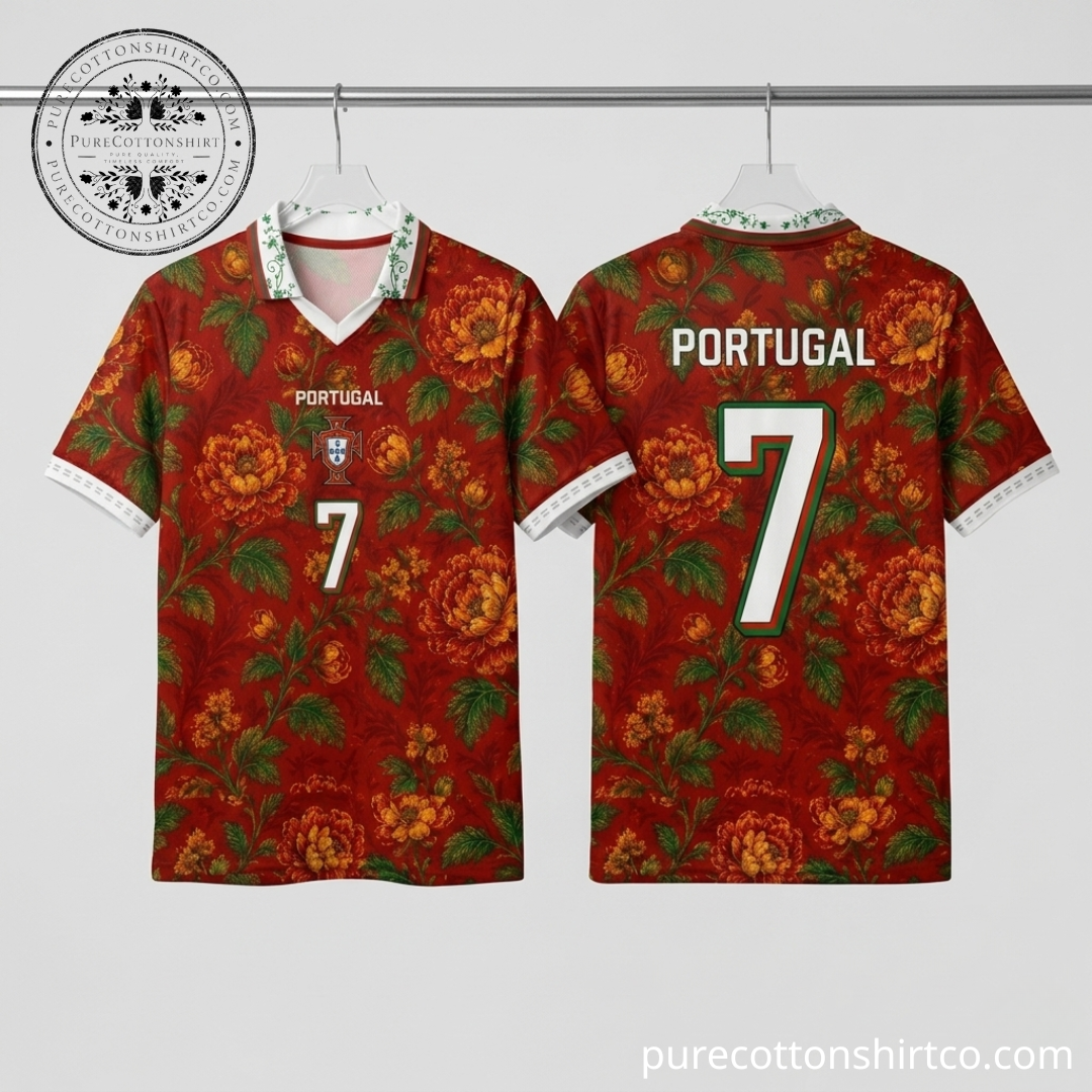 Portugal x Red Floral Pattern V-neck Polo Jersey
