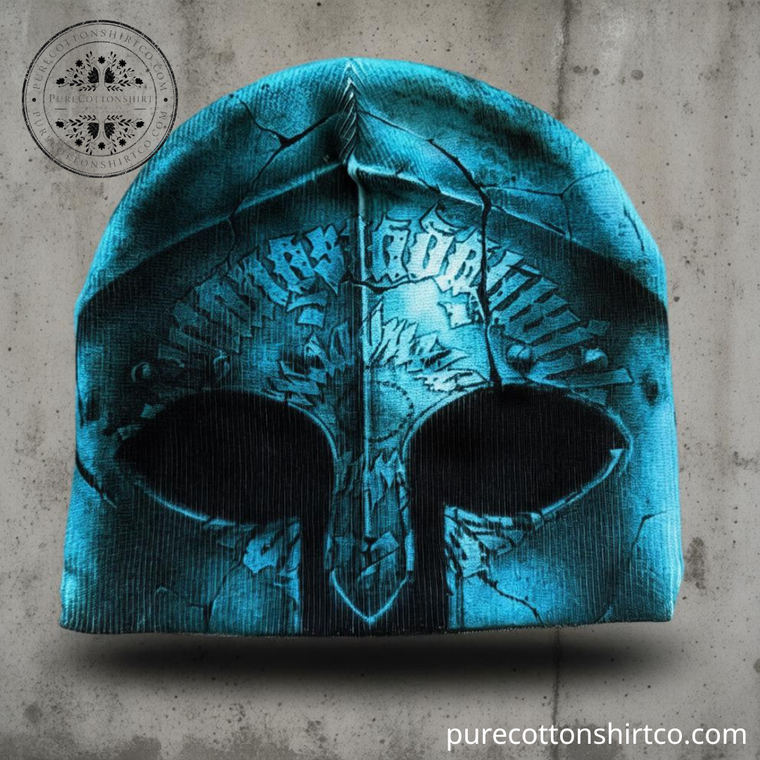 Gothic Spartan Helmet Printed Beanie - Teal Cracked Stone Graphic Streetwear Hat